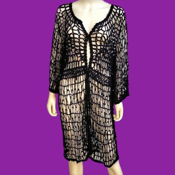 Vtg MODELIA black netted maxi open front swim cover-up festival kimono - Picture 1 of 8
